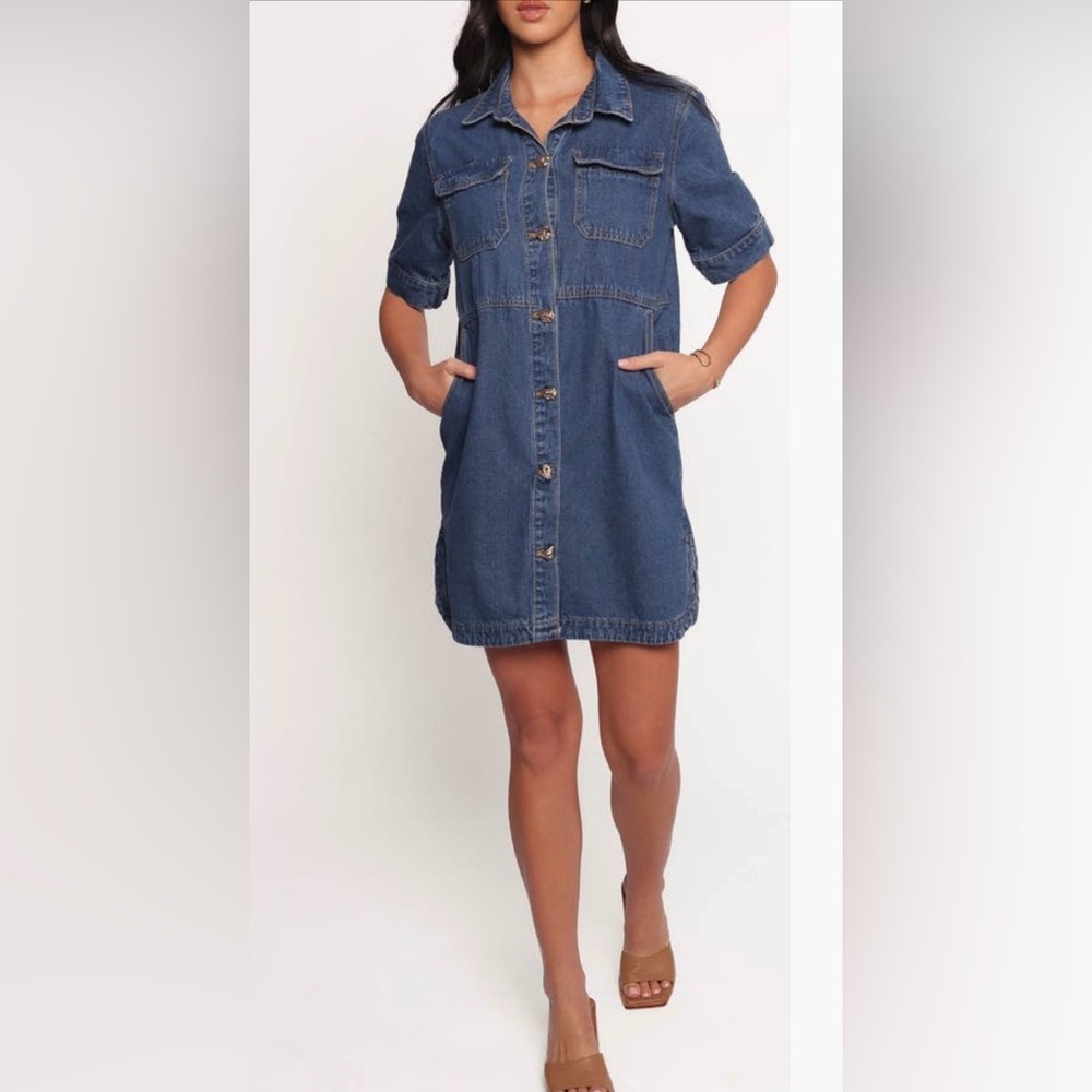 Petal  & Pup Denim Mini Dress NWT Button Front Gold Buttons Pockets Cotton